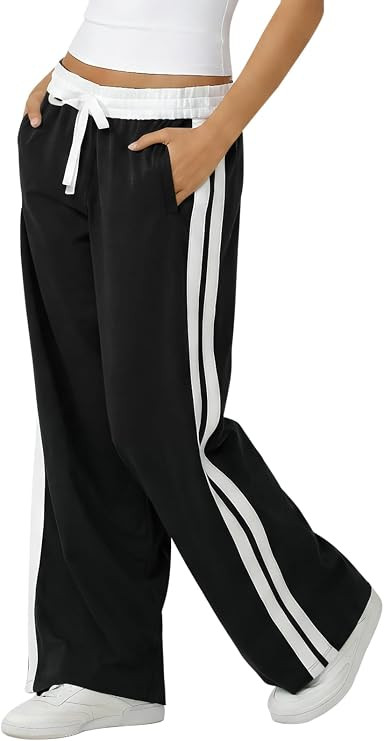 Fisoew Womens Wide Leg Sweatpants Y2K Baggy Striped Track Pants Streetwear | Fold Over Waist, Dra... | Amazon (US)