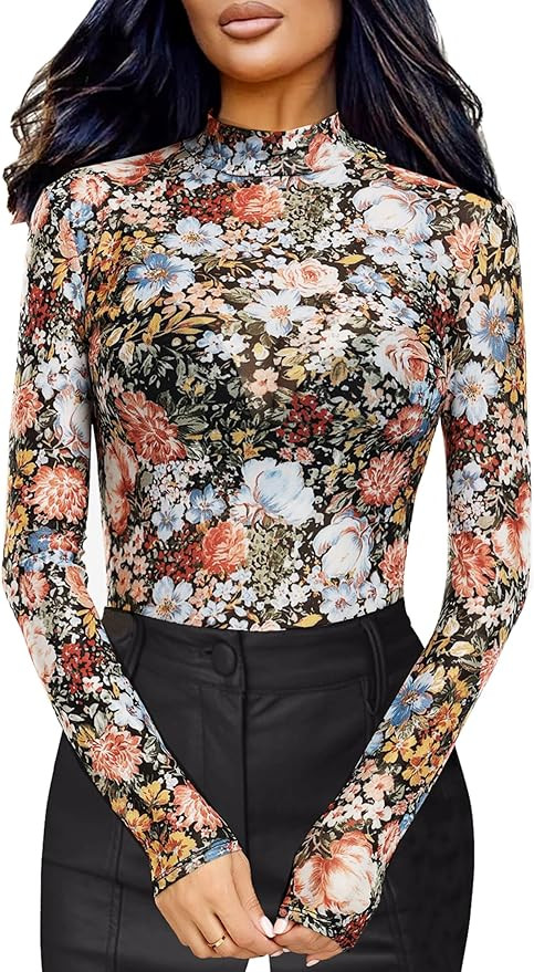 Women Mesh Top Floral Mesh Long Sleeve Tops Mock Neck See Through Tops Fitted Sexy Going Out Tops | Amazon (US)