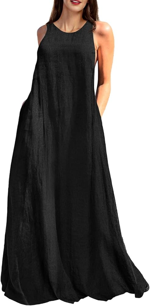 Rainday Women's Linen Dress Sleeveness Loose Dresses Casual Maxi Dress with Pockets | Amazon (US)