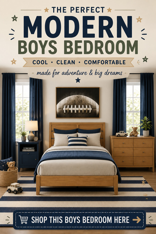 Create the ultimate modern boys bedroom with warm wood furniture, navy accents, cozy bedding, football wall art, and tim