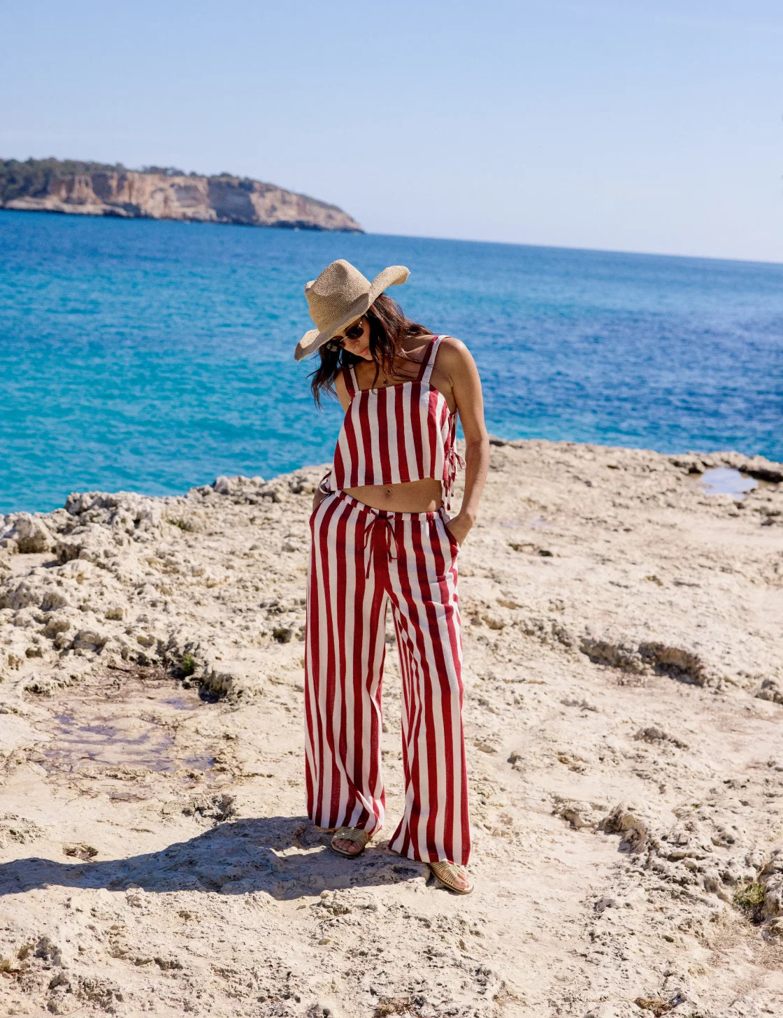 Burgundy Striped Sleeveless Linen-Blend Pillar Top | Nobody's Child