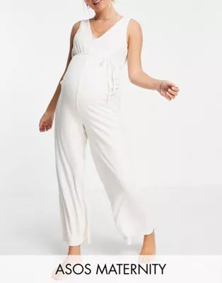ASOS DESIGN Maternity mix & match lounge super soft rib jumpsuit with waist tie in ecru | ASOS (Global)
