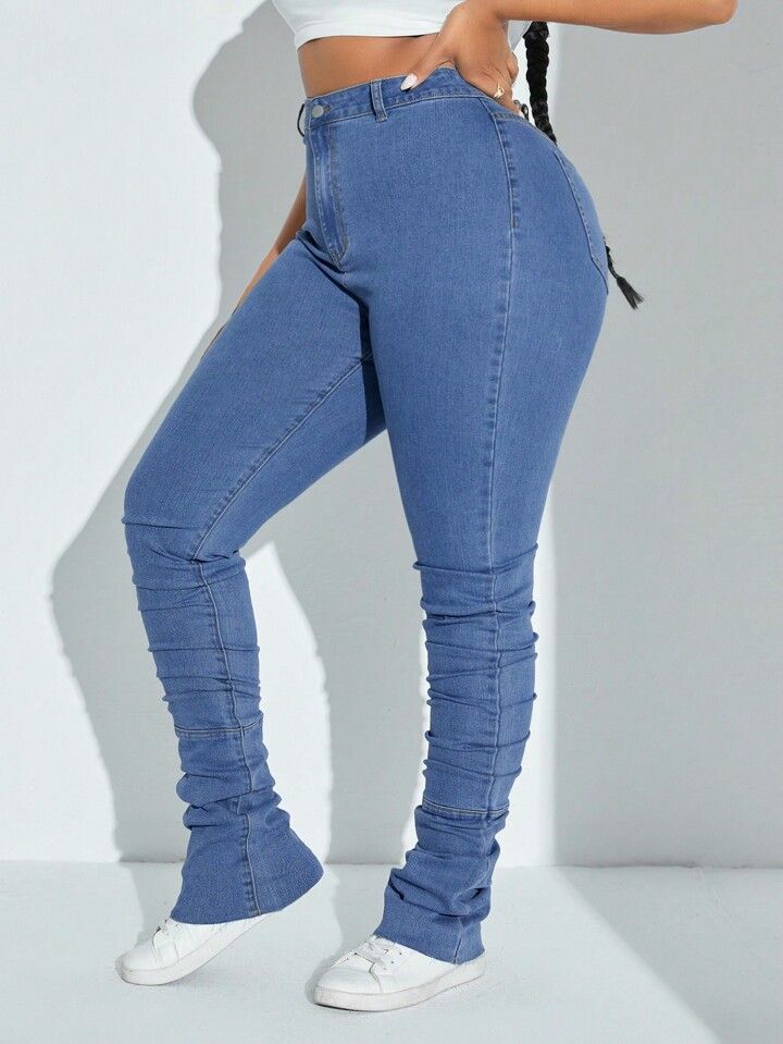 SHEIN SXY Plus Size Elastic High Waist Pleated Skinny Jeans | SHEIN