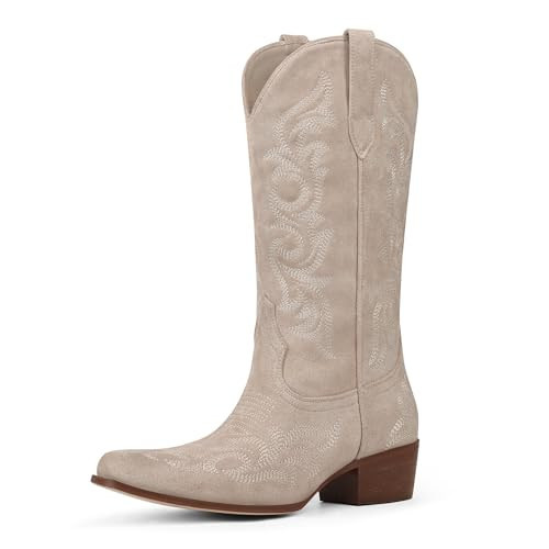 Ouepiano Beige Suede Cowboy Boots for Women Cowgirl Mid Calf Western Embroidered Chunky heels Pointed Toe Pull On Vintage Fashion Country Boot Size 8.5 | Amazon (US)