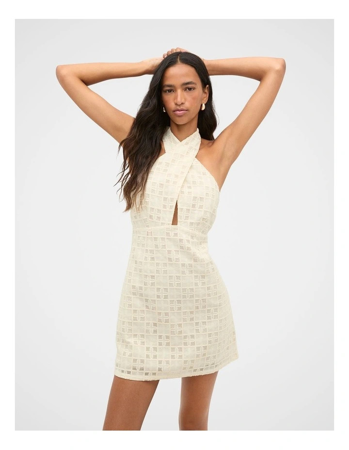 Tile Embroidery Halter Mini Dress in Coconut Cream | Myer