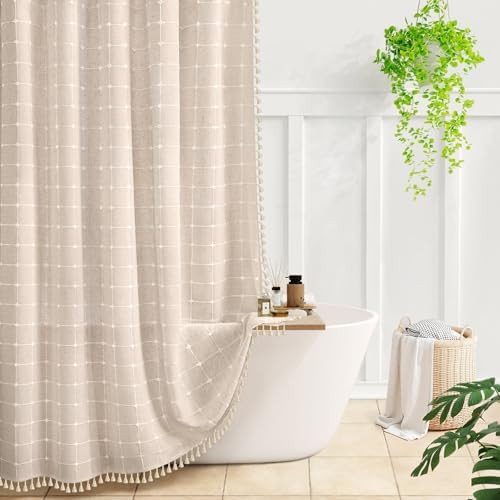 Awellife Beige Shower Curtain Linen Texture Boho Plaid Tassel Shower Curtains with Plaid Tassel f... | Amazon (US)