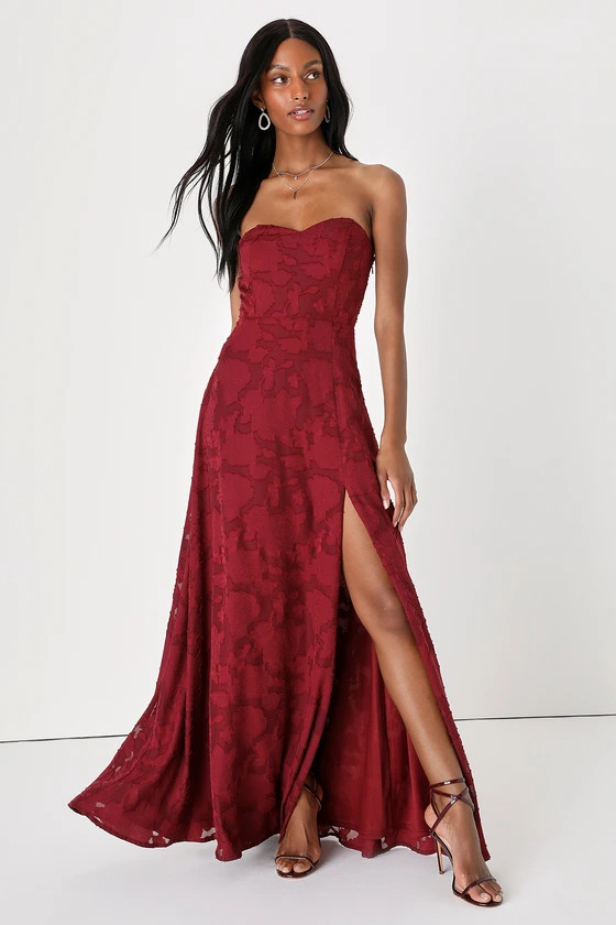 Garden of Romance Burgundy Floral Burnout Strapless Maxi Dress | Lulus (US)