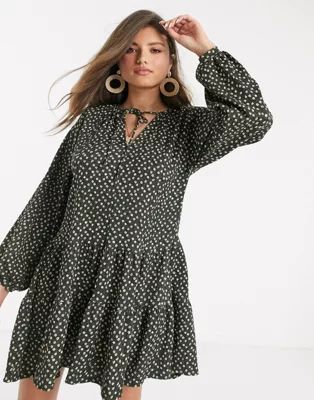 Mango tiered floral smock dress with neck tie in khaki green | ASOS (Global)