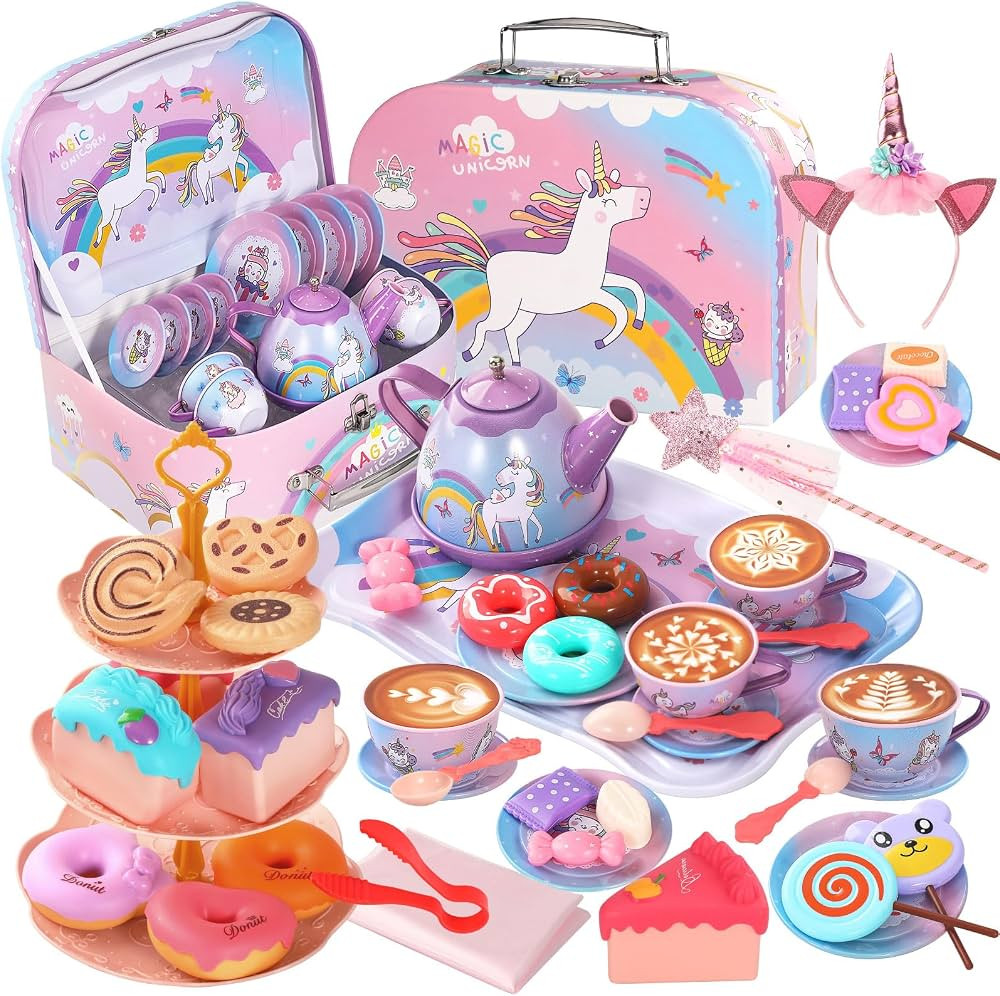 55Pcs Tea Party Set for Little Girls, Princess Tea Party Set, Unicorn Kid Tin Tea Set,Kids Kitche... | Amazon (US)