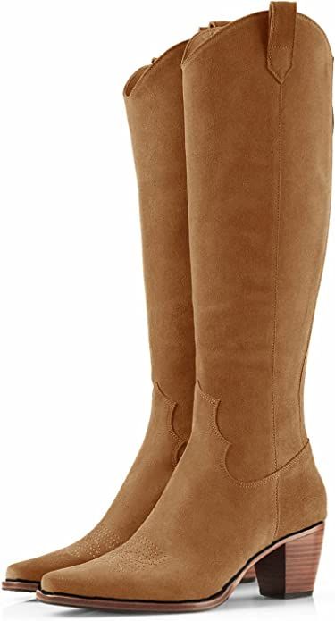 Women Cowboy Knee High Boots Suede Wide Calf Chunky Block Heel Square Toe Tall Riding Boots | Amazon (US)