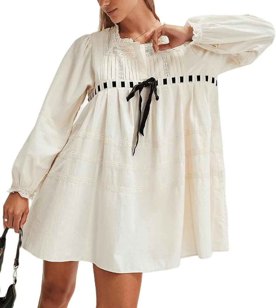 Women Bow Tie Front Mini Babydoll Dress Cute Embroidery Ruffle Shirt Dress Y2k Long Puff Sleeve S... | Amazon (US)