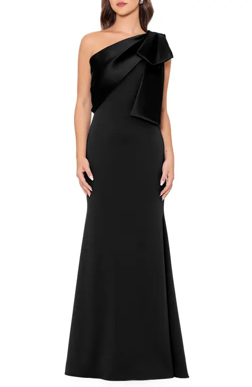 Betsy & Adam Satin Bow Crepe Mermaid Gown in Black at Nordstrom, Size 12 | Nordstrom