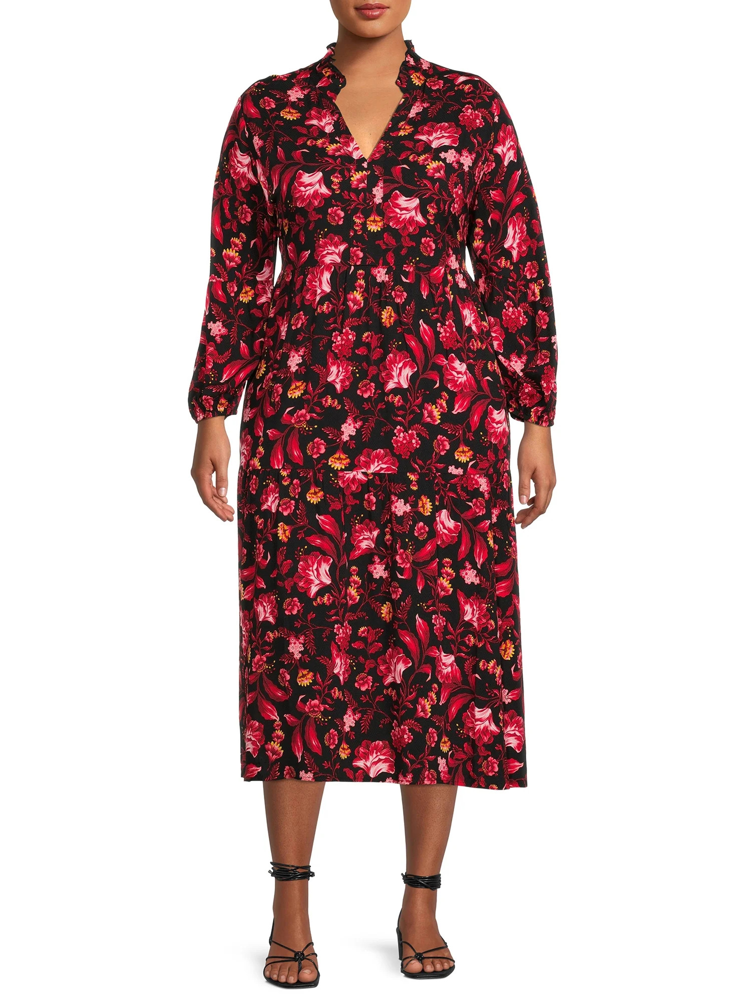 Terra & Sky Women's Plus Size Long Sleeve Printed Peasant Midi Dress | Walmart (US)