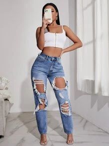 SHEIN SXY High Waist Light Washed Ripped Straight Jeans | SHEIN