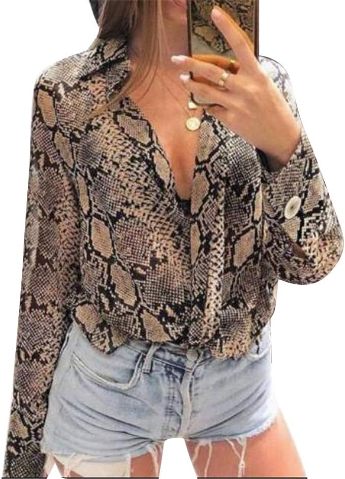 Fubotevic Women's Button Up Lapel Long Sleeve Snakeskin Print Chiffon Blouse T-Shirt Top | Amazon (US)