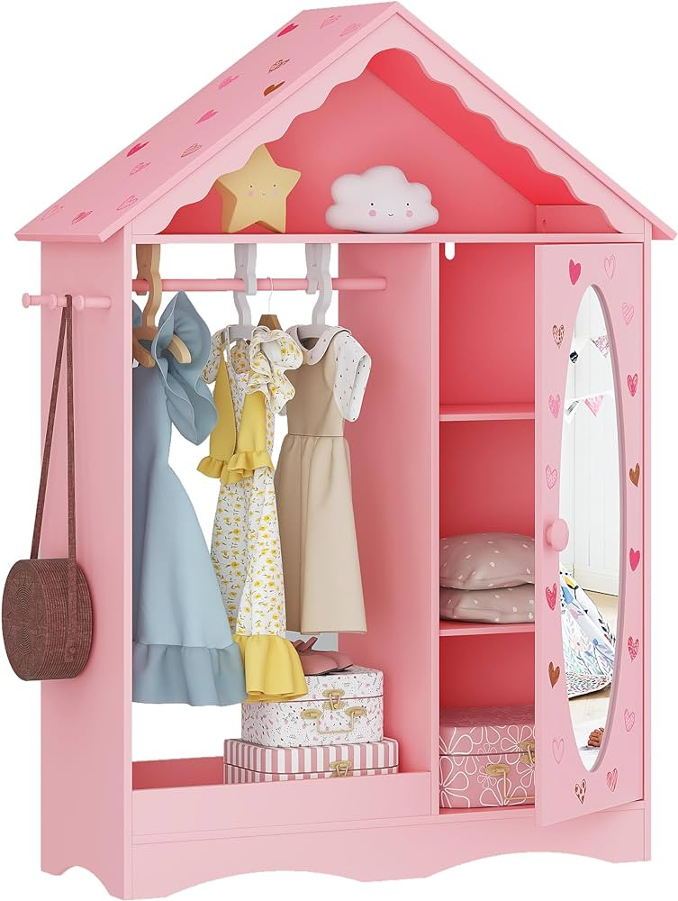 UTEX Kids Dress Up Storage with Mirror, Kids Wardrobe Closet, Dress Up Armoire for Little Girls, ... | Amazon (US)