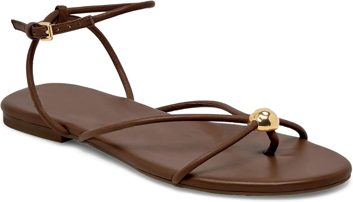 Beaded Strappy Flat Sandals for Women Metal Round Toe Thong Flip Flop Slides Summer Beach Shoes w... | Amazon (US)