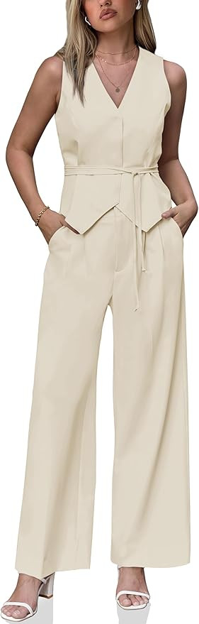 Cicy Bell Womens Business Casual 2 Piece Outfits V Neck Sleeveless Tie Waist Blazer Vest Pleated ... | Amazon (US)