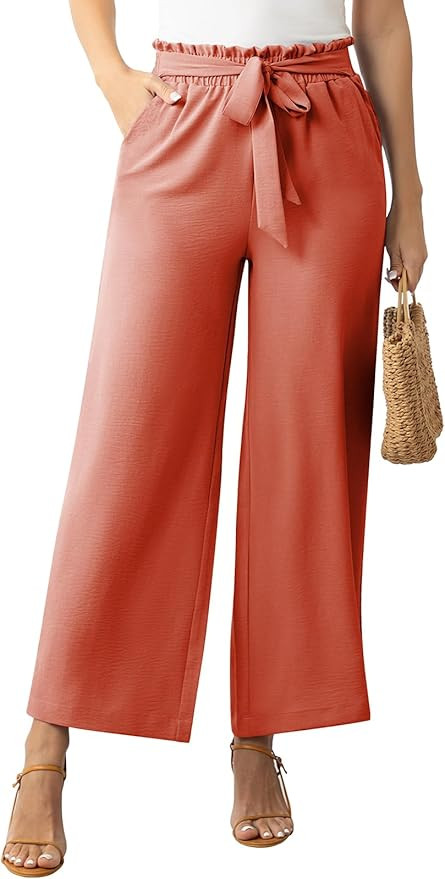 Womens Wide Leg Lounge Pants High Waisted Business Work Casual Pants Adjustable Tie Knot Loose Tr... | Amazon (US)