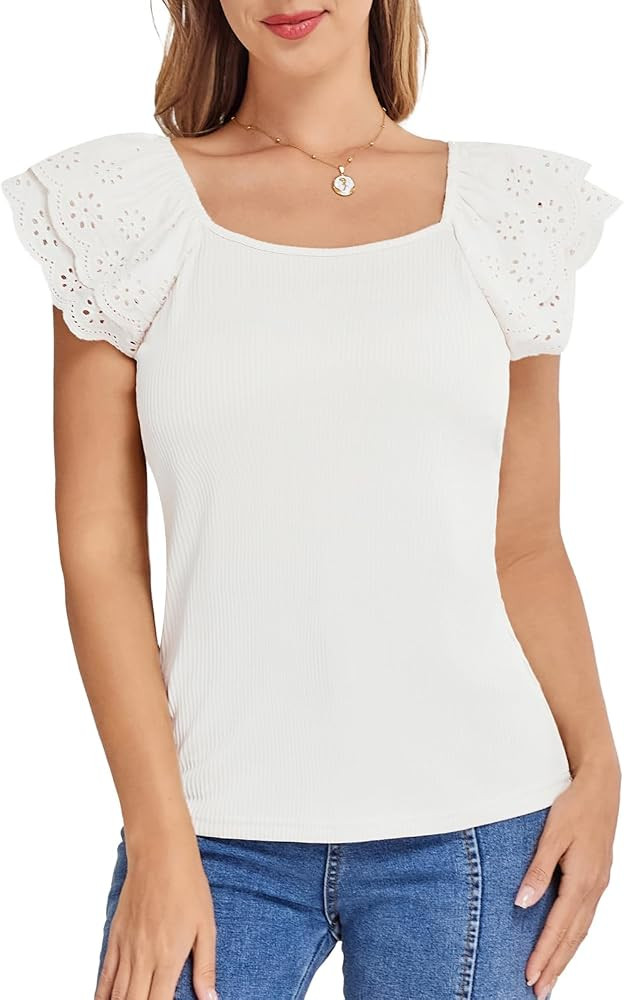 Belle Poque Women Tops Ruffle Sleeve Square Neck T Shirt Stretch Lightweight Knit Tops Summer Bas... | Amazon (UK)