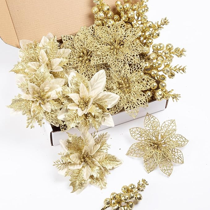 24Pcs Christmas Poinsettia Artificial Flowers and Glitter Berries Kit, 2 Styles Total 16Pcs Chris... | Amazon (US)