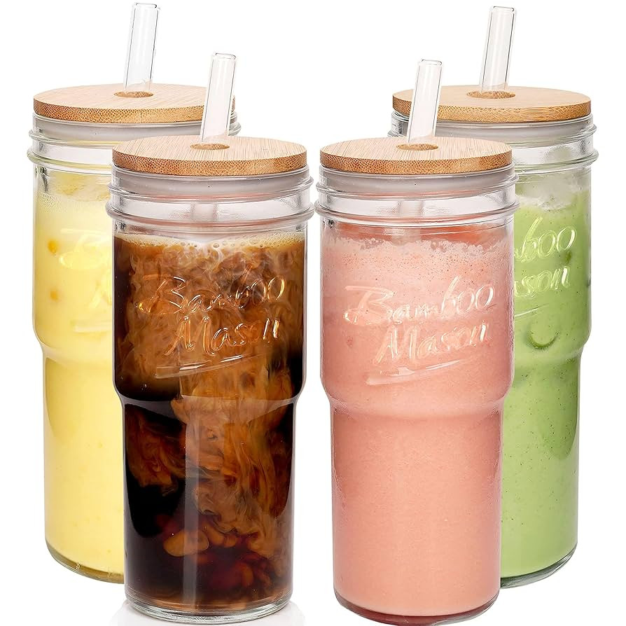 ANOTION Glass Cups with Lids and Straws 4 Packs, 24oz Travel Coffee Mug Bamboo Mason Jar Valentin... | Amazon (US)