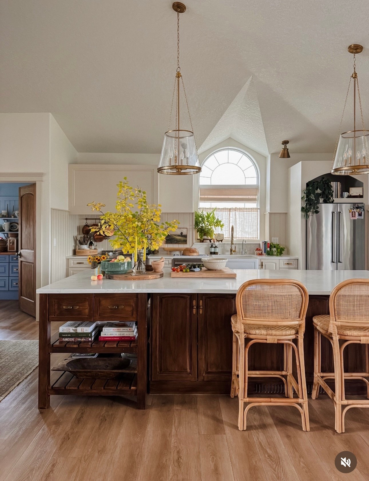 Modern cottage kitchen decor and furniture. Rattan, wicker counter stool, gold pendant lighting, farmhouse sink, pine door, wainscoting, beadboard, twopages blinds 

#LTKHome