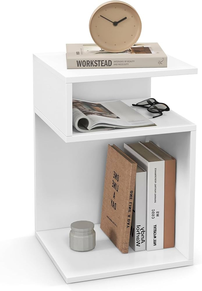 Tangkula S-Shaped Side Table, 3 Tier Wood End Table with Open Storage Shelves, Anti-Slip Foot Pads, Modern Accent Bedside Nightstand, Narrow Side Table for Small Spaces Living Room Bedroom (1, White) | Amazon (US)