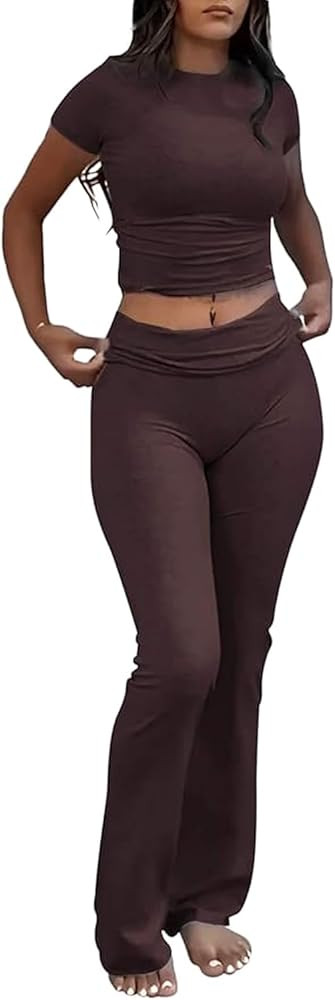 Women's 2 Piece Lounge Outfits Slim Short Sleeve Tops Low Rise Flare Leggings Sets Yoga Sweatsuit | Amazon (US)