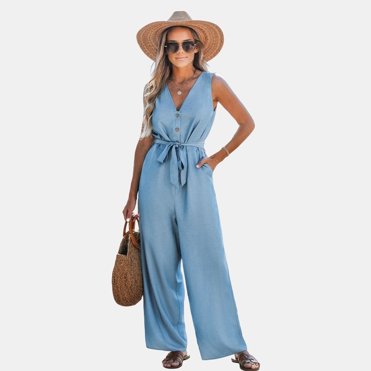 Women's Front Button Tie-Waist Wide Leg Jumpsuit - Cupshe | Target