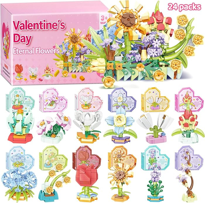 24 Packs Valentines Day Gifts for Kids, Flower Building Blocks Set with Greeting Cards, Party Fav... | Amazon (US)
