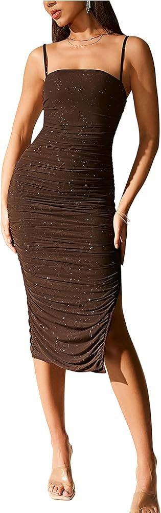 Sequin Bodycon Midi Dress for Women Sexy Sparkly Ruched Mesh Spaghetti Strap Split Cocktail Party... | Amazon (US)