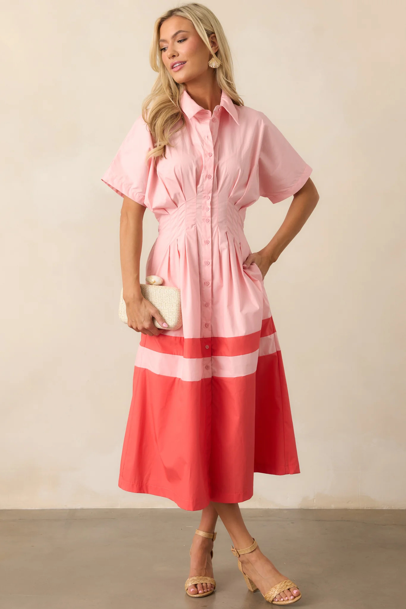 Sorbet Dreams Cotton Pink Button Front Midi Dress | Red Dress