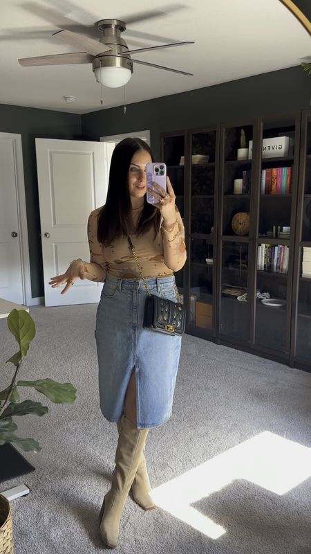 Easy spring to summer date night outfit with denim midi skirt and mesh top! M tops, 29 skirt but need a 28! 

#LTKFindsUnder100 #LTKSeasonal #LTKVideo