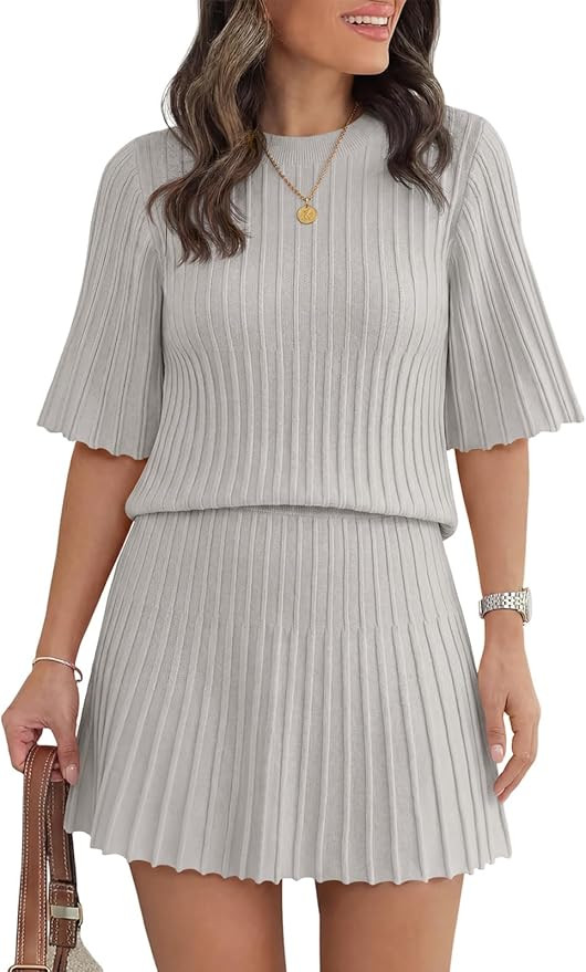 Saodimallsu Womens Sweater Sets 2 Piece Outfits Summer Half Sleeve Ribbed Knit Top and Pleated Sk... | Amazon (US)