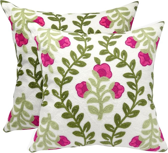 Alysheer Summer Decorative Throw Pillow Covers 18"x 18" Set of 2, Floral Embroidered Farmhouse Ho... | Amazon (US)