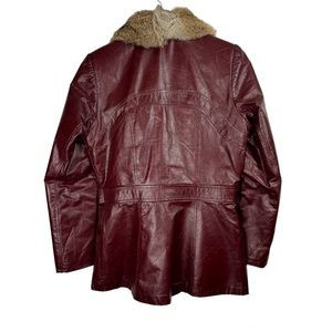 Vintage Leather Rabbitt Fur Trim Trench Tie Jacket Sz 5/6 Maroon Y2K Mob Wife | Poshmark