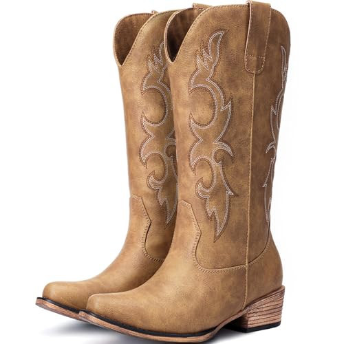 Choiran Tan Cowboy Boots for Women - Embroidered Cowgirl Boots Western Mid Calf Chunky Heel Pointed Toe Country Boot 8 | Amazon (US)