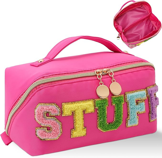 Stoney Clover Preppy Makeup Bag, Large Capacity Travel Cosmetic Bag, Chenille Letter Open Flat Ny... | Amazon (US)