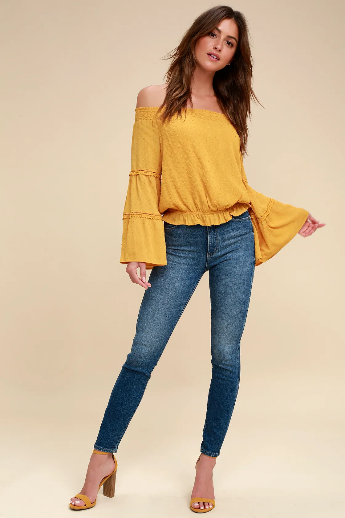 Sunny Story Mustard Yellow Lace Bell Sleeve Off-the-Shoulder Top | Lulus
