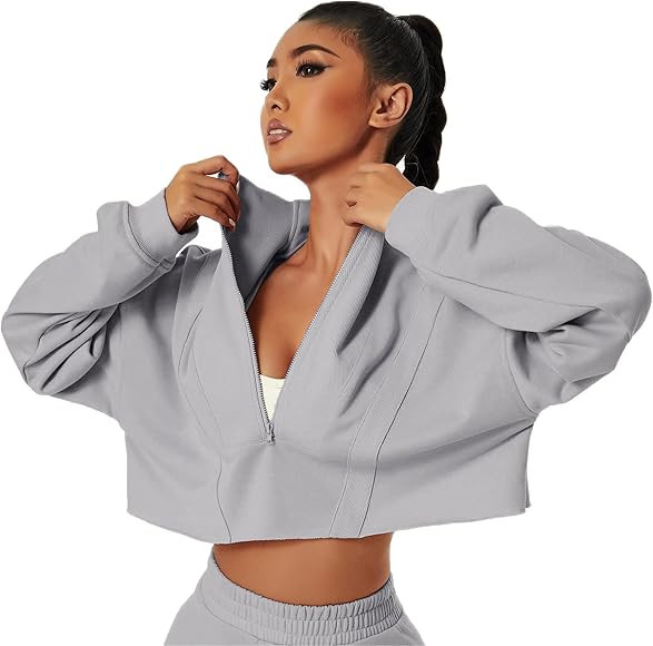 HerGymClothing Womens Cropped Sweatshirt Patchwork Long Sleeve Half Zip Stand Collar Workout Crop... | Amazon (US)