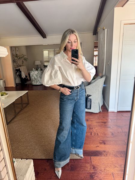 This Amazon puff balloon sleeve top is $25 and so versatile! Size down 1-2 sizes in these cuffed jeans. I’m in the 26 but may could have done the 25. Silver sling backs and black skinny belt elevate this everyday look. 

#LTKshoecrush #LTKfindsunder50 #LTKstyletip