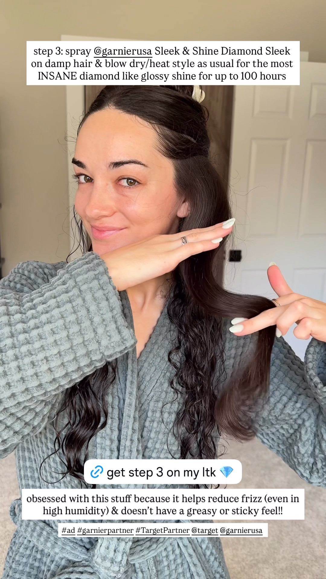 #ad step 3: spray @garnierusa Sleek & Shine Diamond Sleek on damp hair & blow dry/heat style as usual for the most INSANE diamond like glossy shine for up to 100 hours

obsessed with this stuff because it helps reduce frizz (even in high humidity & doesn't have a greasy or sticky feel!!) 
 #garnierpartner #TargetPartner @Target  @garnierusa 

#LTKBeauty #LTKselfcare #LTKmorningroutine