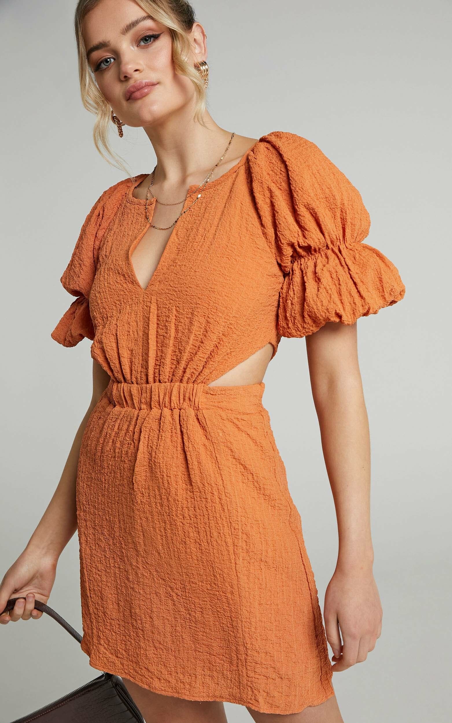 Robina Puff Sleeve Cut Out Mini Dress in Burnt Orange | Showpo - deactived