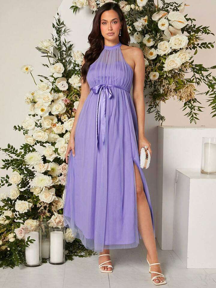SHEIN Maternity Split Thigh Belted Mesh Halter Dress | SHEIN