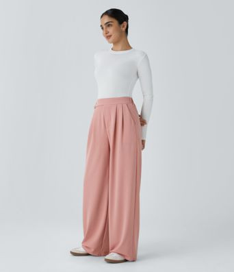 Women’s High Waisted Pocket Wide Leg Waffle Casual Pants - Halara | HALARA