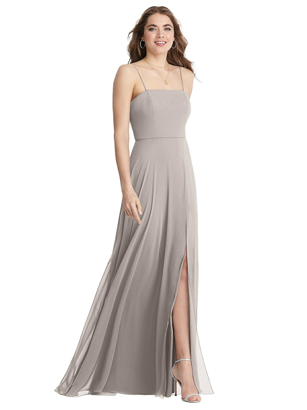 Square Neck Chiffon Maxi Dress with Front Slit - Elliott | The Dessy Group