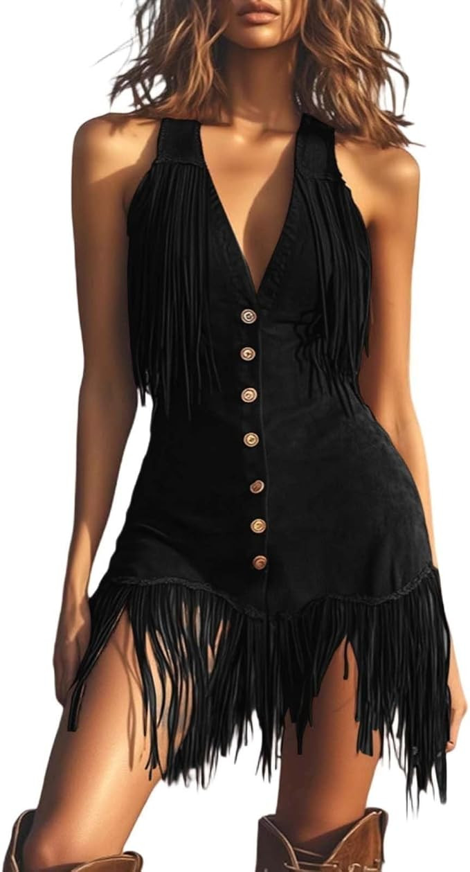 HGps8w Western Cowgirl Dress for Women Sexy Button V Neck Sleeveless Vintage Tassel Fringe Suede ... | Amazon (US)