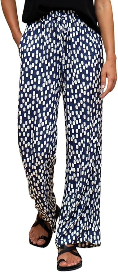 Angashion Womens Wide Leg Pants Casual High Waisted Flowy Trousers Floral Print Drawstring Palazz... | Amazon (US)