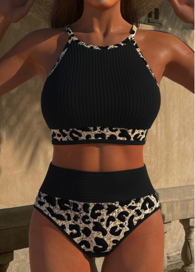 ROTITA Patchwork High Waisted Black Leopard Bikini Set | Rotita.com - USD $35.98 | rotita.com